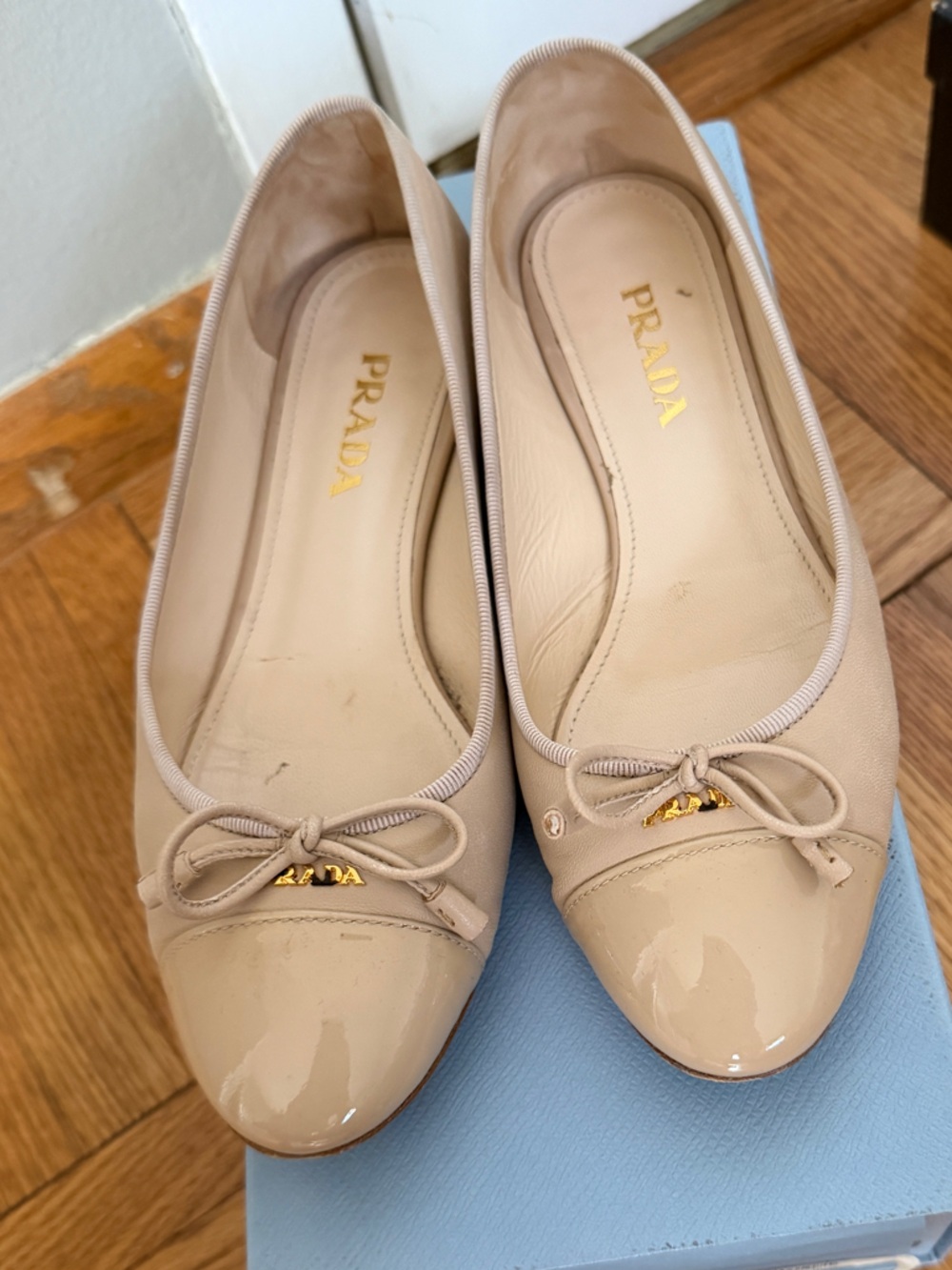 Prada Nude Patent Cap Toe Ballet Flats with Bow